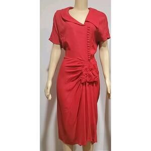 trelise cooper boardroom dress 12/US 10 Red Ruched Buttons Asymetric Neckline #C